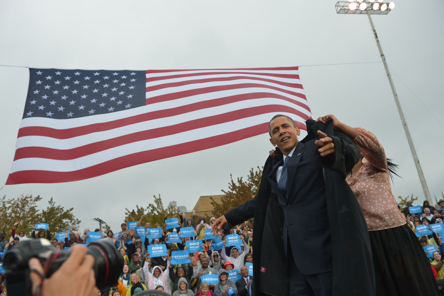 Oct. 5, 2012. U.S. President Barack Obama arrives on stage during a campaign rally at Cleveland State University in Cleveland.