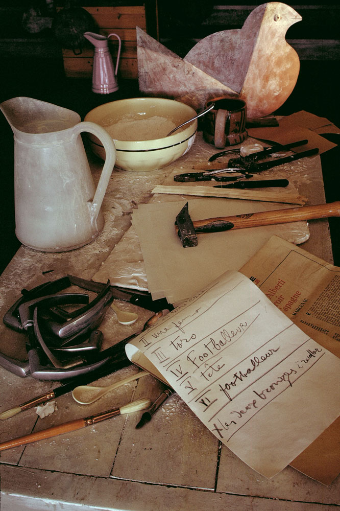 Picasso's workbench with notes, Mougins, France, 1967.