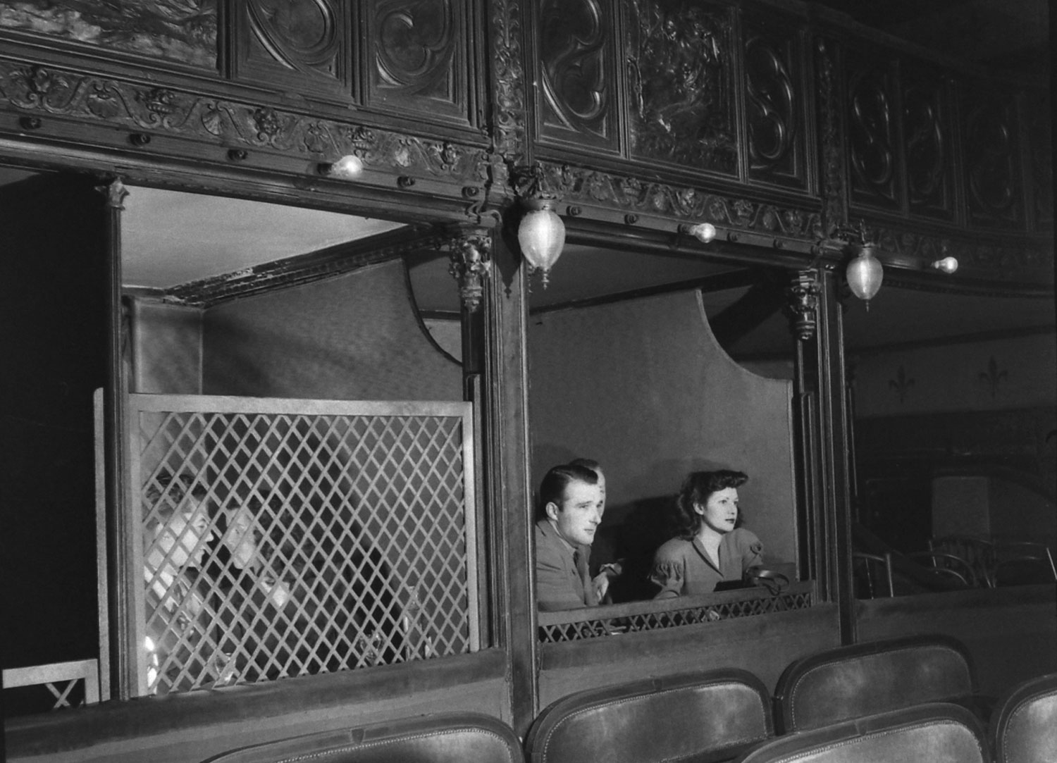 Private boxes beneath the balcony at the Grand Guignol, Paris, 1947.