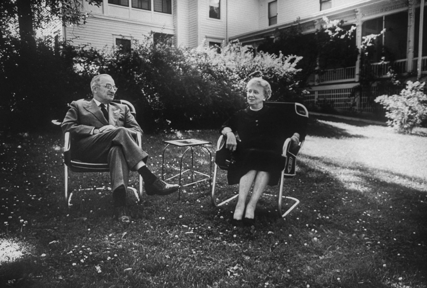 Former president Harry Truman and wife Bess in their back yard in Independence, Missouri, 1955.