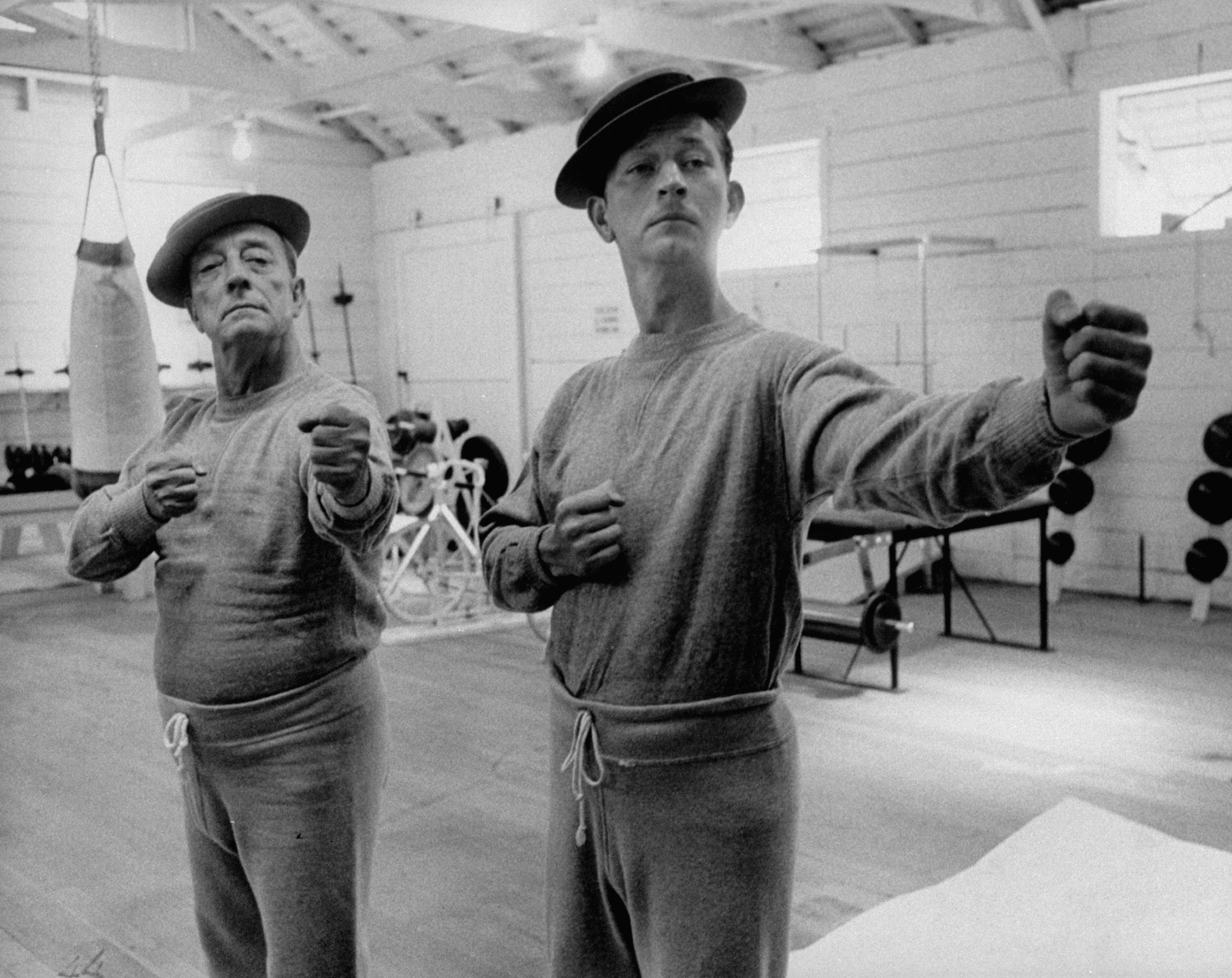 Buster Keaton and Donald O'Connor rehearse for a movie based on Keaton's life, 1956.