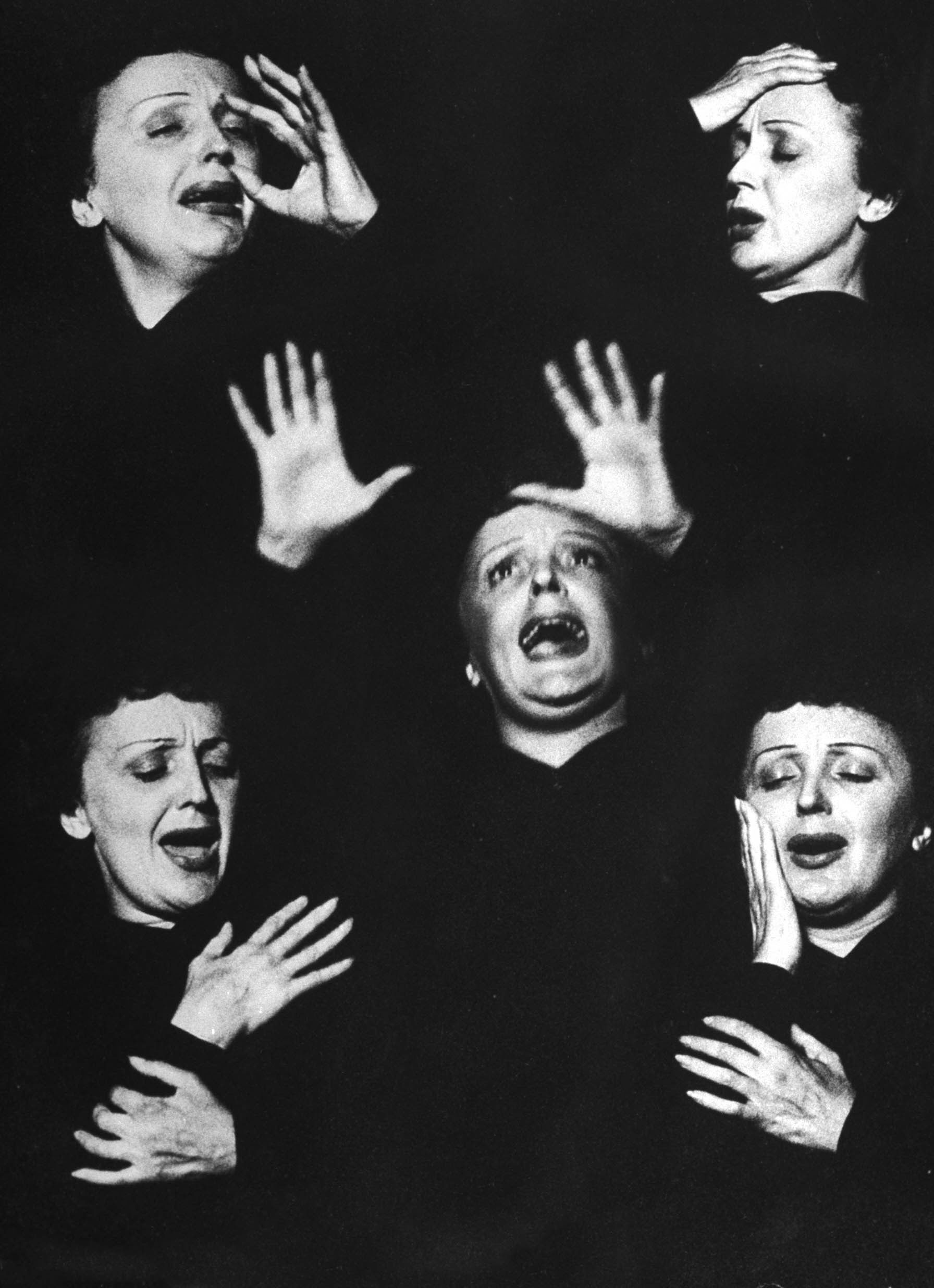 Edith Piaf caught in a montage of expressions and gestures while singing during her performance at New York's Versailles nightclub, 1952.