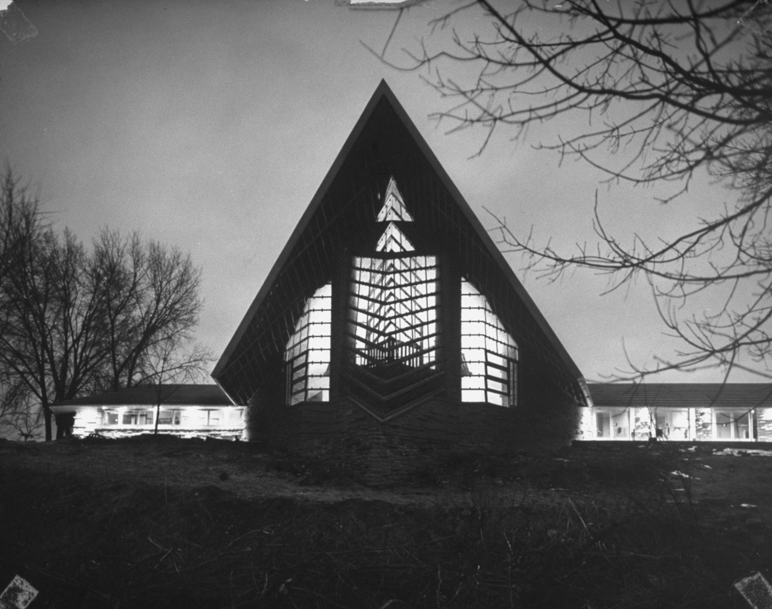 Exterior of the First Unitarian Society Meeting House, designed by Frank Lloyd Wright, Madison Wisconsin, 1951.