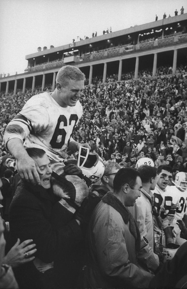 Yale's Ben Balme is carried off the field after the 1960 Yale-Harvard game during the Elis' last unbeaten and untied season.