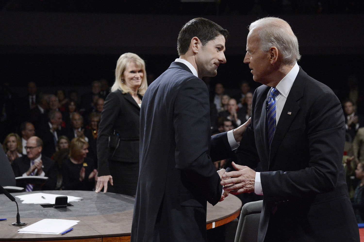 Oct. 11, 2012. Vice-President Joe Biden shakes hands with Republican Vice-President nominee Paul Ryan at the Vice-Presidential debate at Centre College in Danville, Ky.