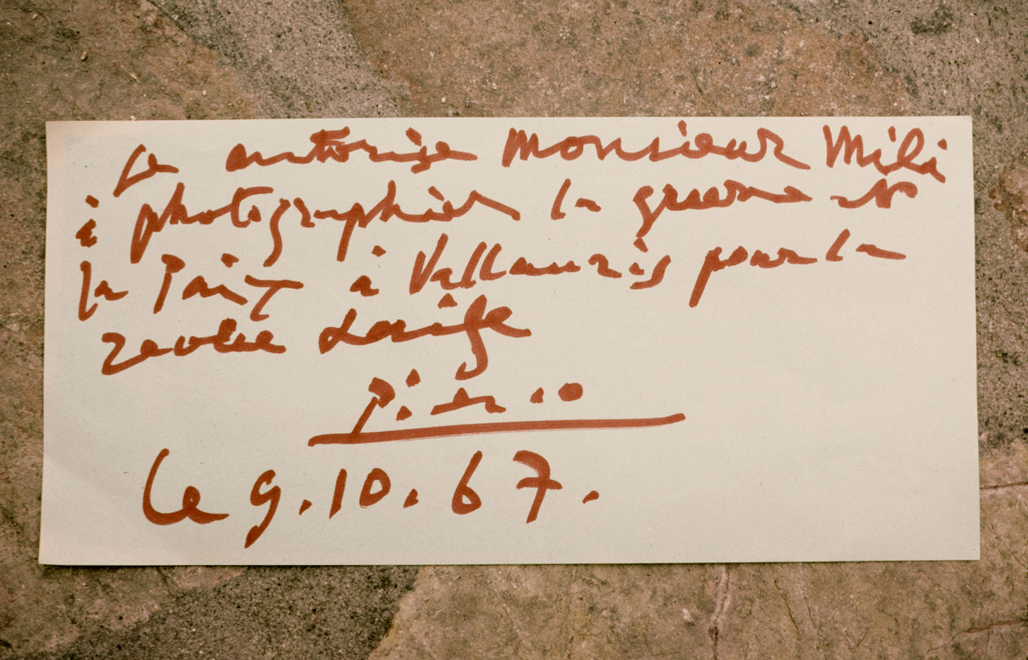 Pablo Picasso's authorization for Gjon Mili to photograph his artworks, 1967.