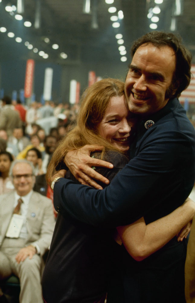 Shirley MacLaine joyously hugs a fellow delegate after George McGovern's victory at the 1972 Democratic National Convention in Miami Beach.