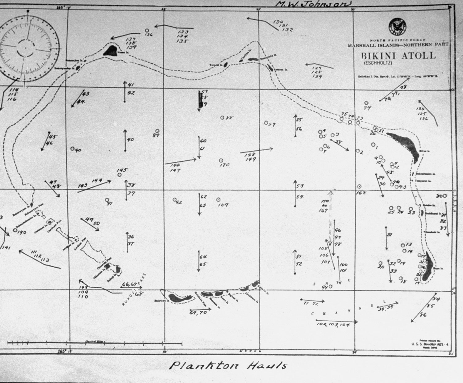 A map showing the areas in which plankton was collected for radiation testing, Bikini Atoll, 1946.