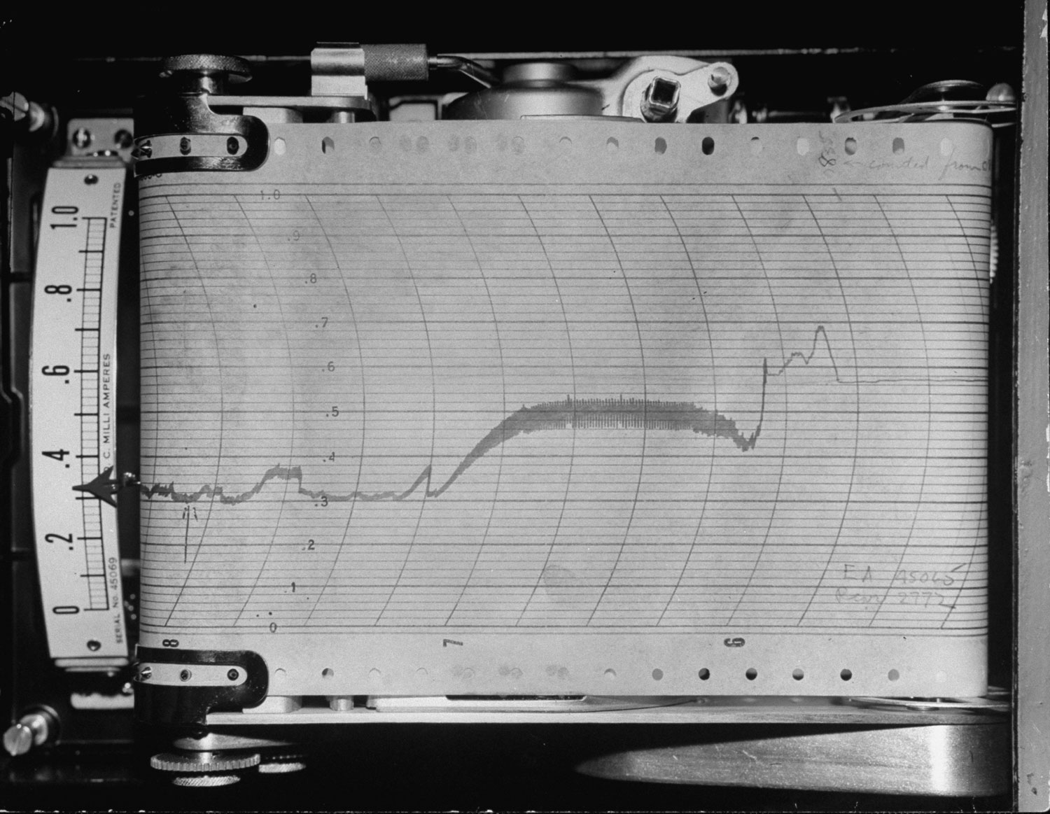 A machine graphing the radioactivity broadcast by one of the July 1946 nuclear explosions in the South Pacific.