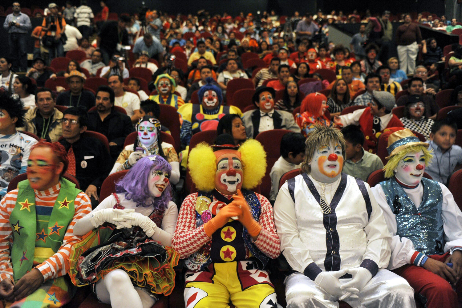 Image: Oct. 22, 2012. Dozens of clowns from Peru, El Salvador, Honduras, Dominican Republic, Guatemala, Belize, Nicaragua, US and Mexico attend the International Clown Convention 2012 in Mexico City.