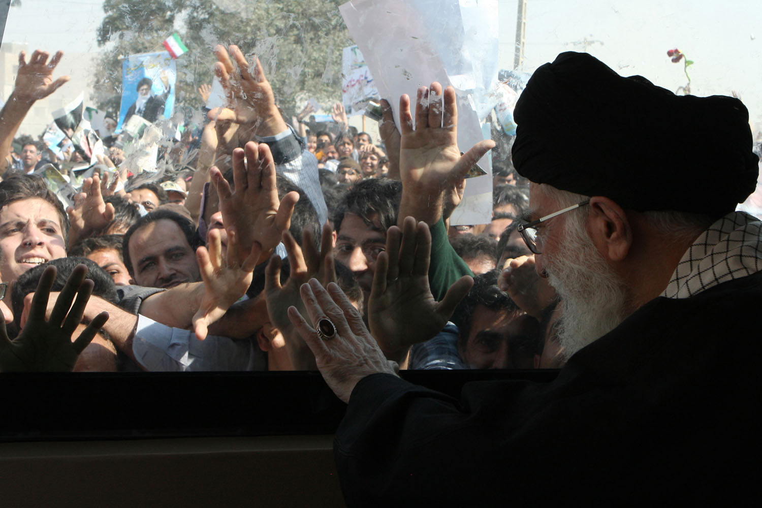 Oct.10, 2012. Iran's Supreme Leader Ayatollah Ali Khamenei's car is surrounded by well-wishers upon his arrival to the northeastern city of Bojnourd, Iran.