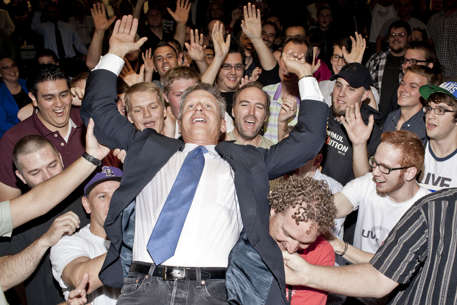 Image: Libertarian Party nominee, Gary Johnson crowd-surfs at a recent town hall meeting in Salt Lake City. Oct. 2, 2012.