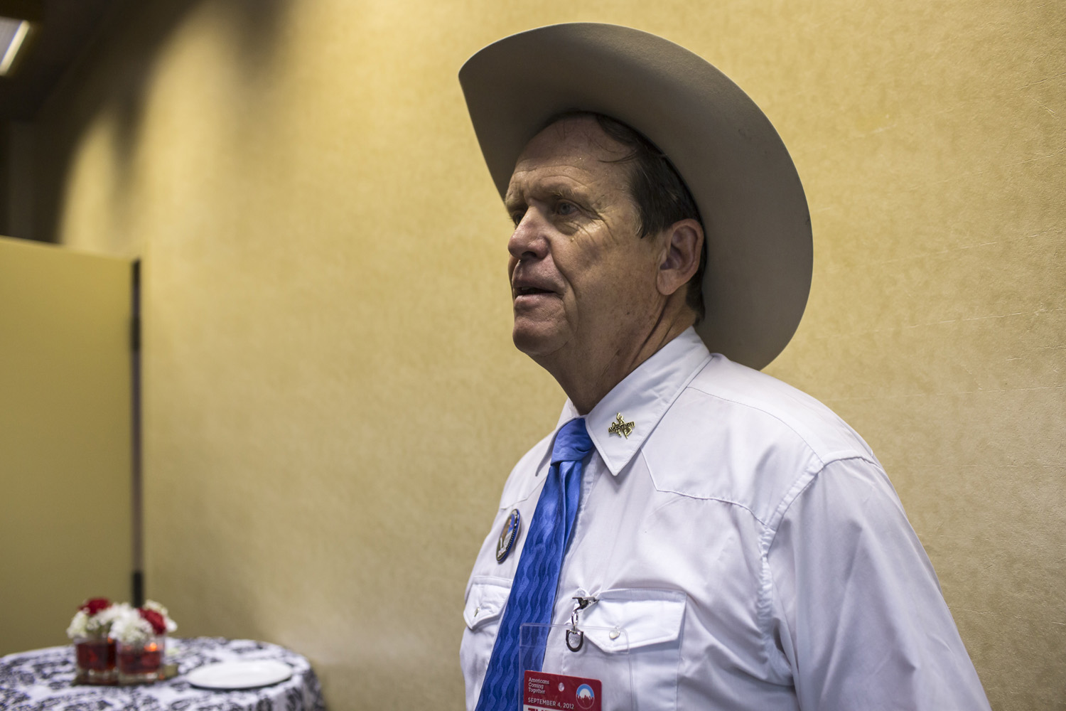 Image: Pete Laybourn, a Mormon delegate from Cheyenne, Wyo., attends an LDS Caucus meeting during the Democratic National Convention in Charlotte, N.C. Sept. 4, 2012.