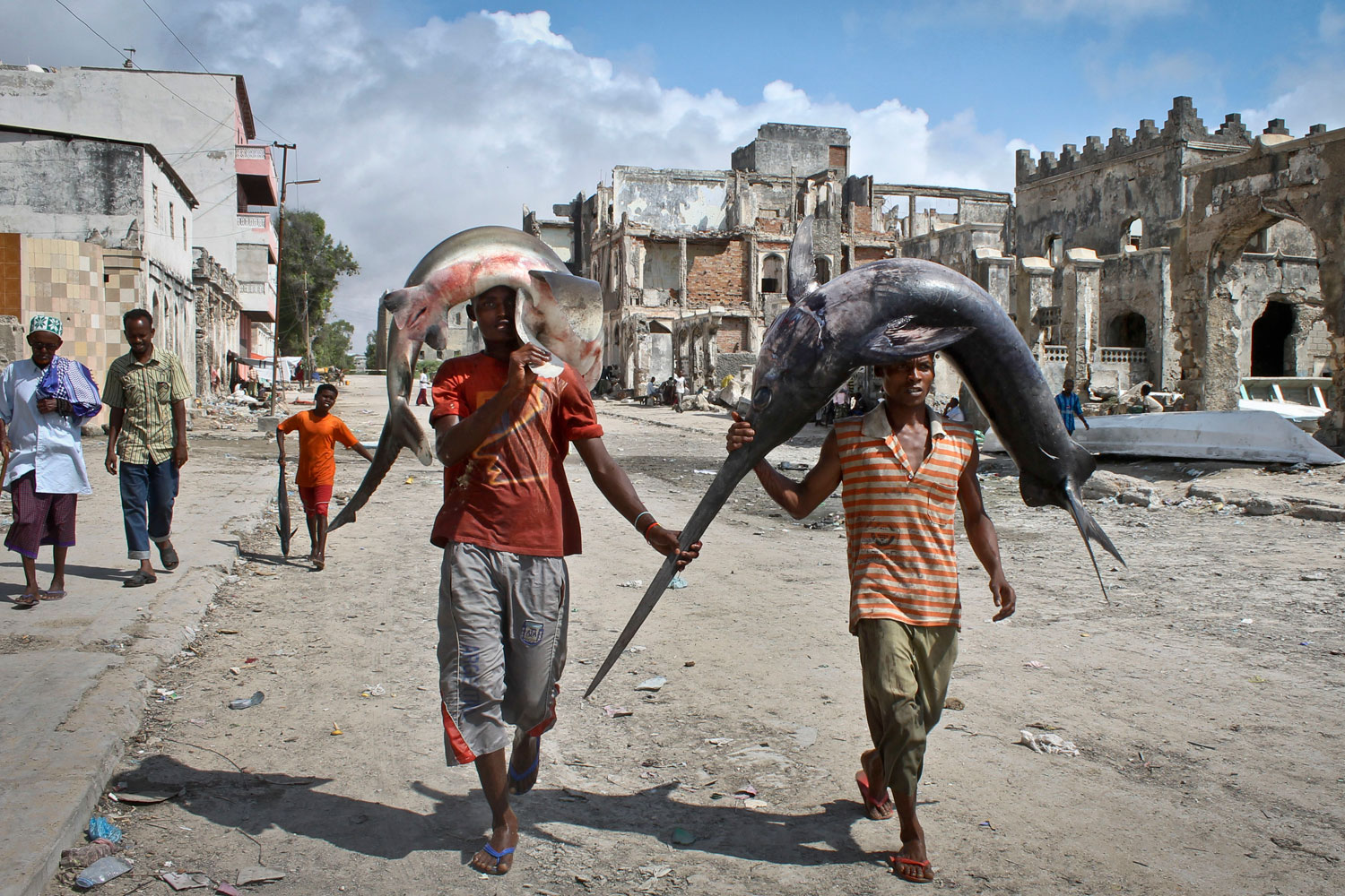 Image: Oct. 25, 2012. Somalis carry a swordfish and a shark on their heads from the ocean to the market in Mogadishu, Somalia.