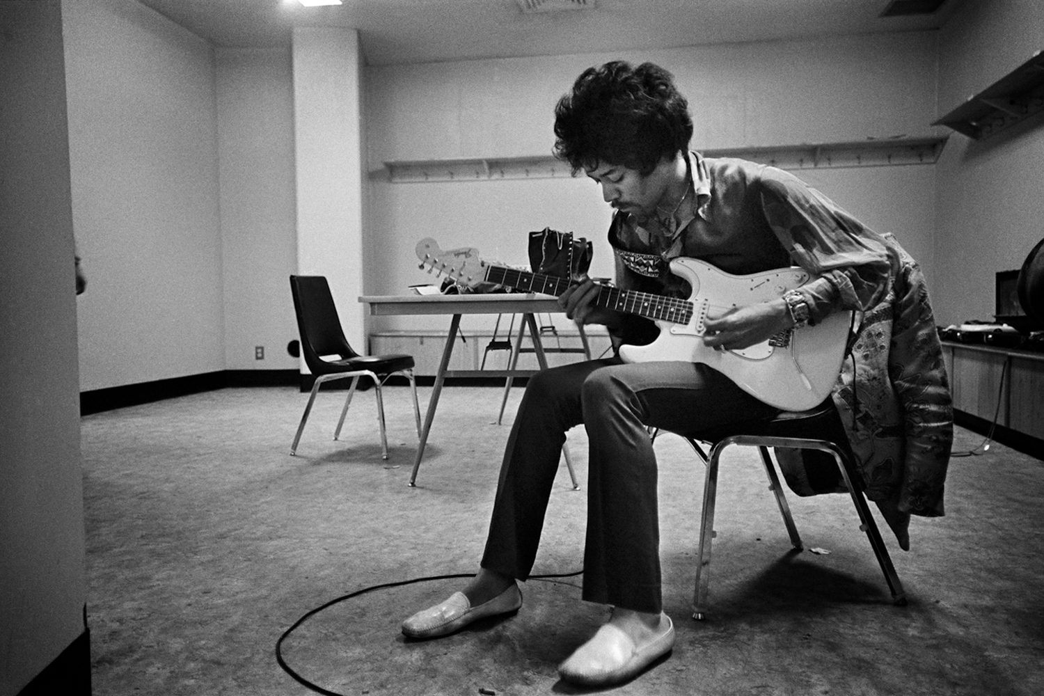 Jimi Hendrix, backstage at Winterland Ballroom, San Francisco, 1968.