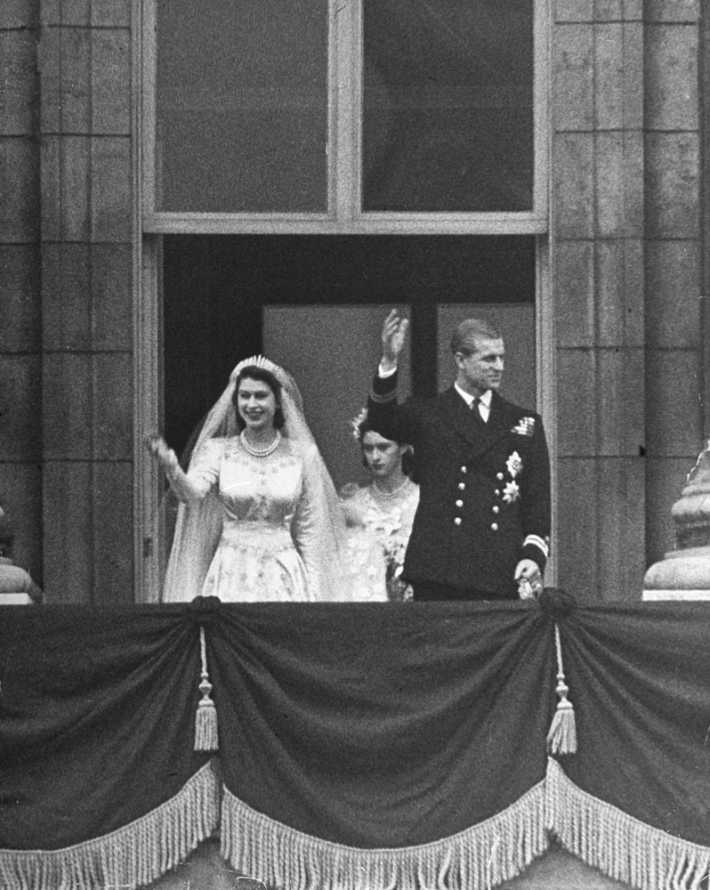 Not originally published in LIFE. Princess Elizabeth and Prince Philip on the balcony of Buckingham Palace after their wedding, Nov. 20, 1947.