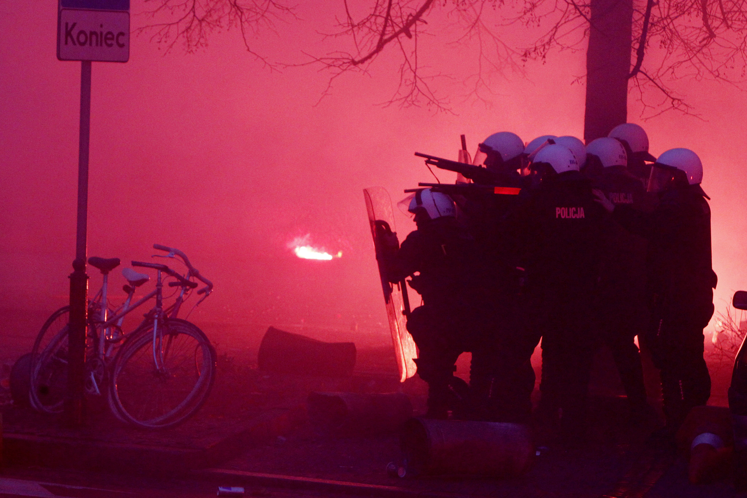 Image: Nov. 11, 2012. Police secure the area during clashes at the March of Independence marking Poland's Independence Day, in Warsaw.