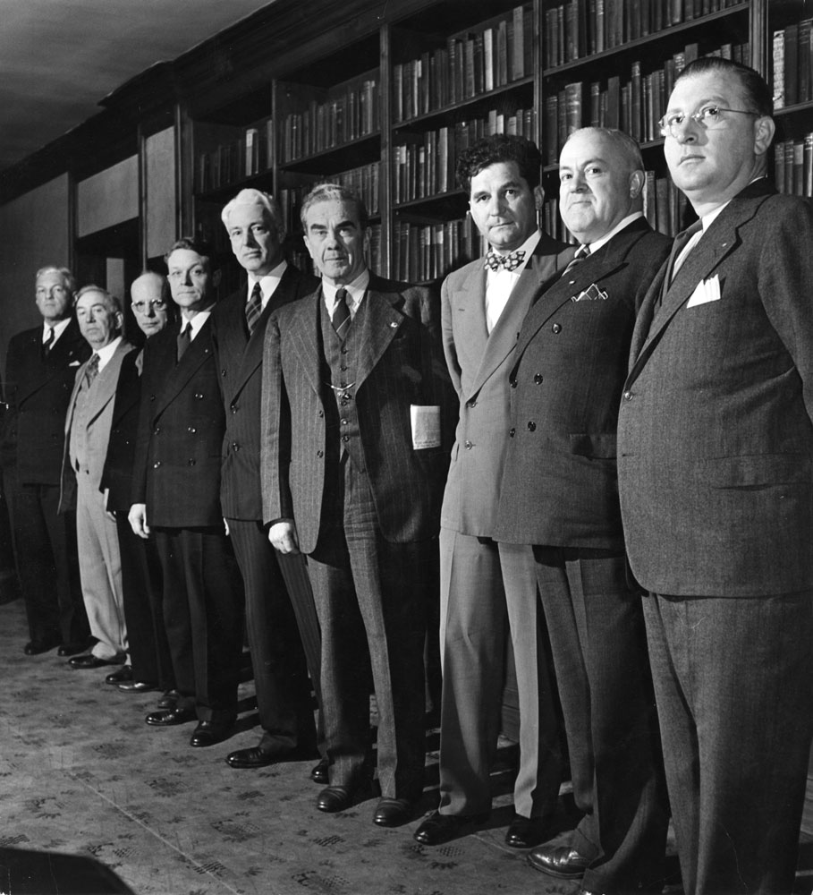 Ohio political heavyweights, 1944. Left to right: Thomas J. Herbert, Martin L. Sweeney, Frank Dye, James W. Huffman, Frazier Reams, Paul M. Herbert, Frank J. Lausche, James Garfield Stewart, Albert E. Payne.
