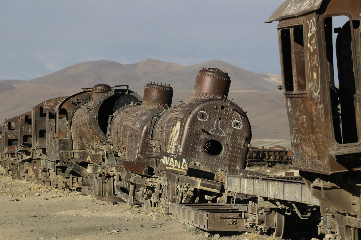 Image: Nov. 5, 2012. Old locomotives are seen in a train cemetery in Uyuni, near a salt flat some 290 miles (466 km) south of La Paz, Bolivia.