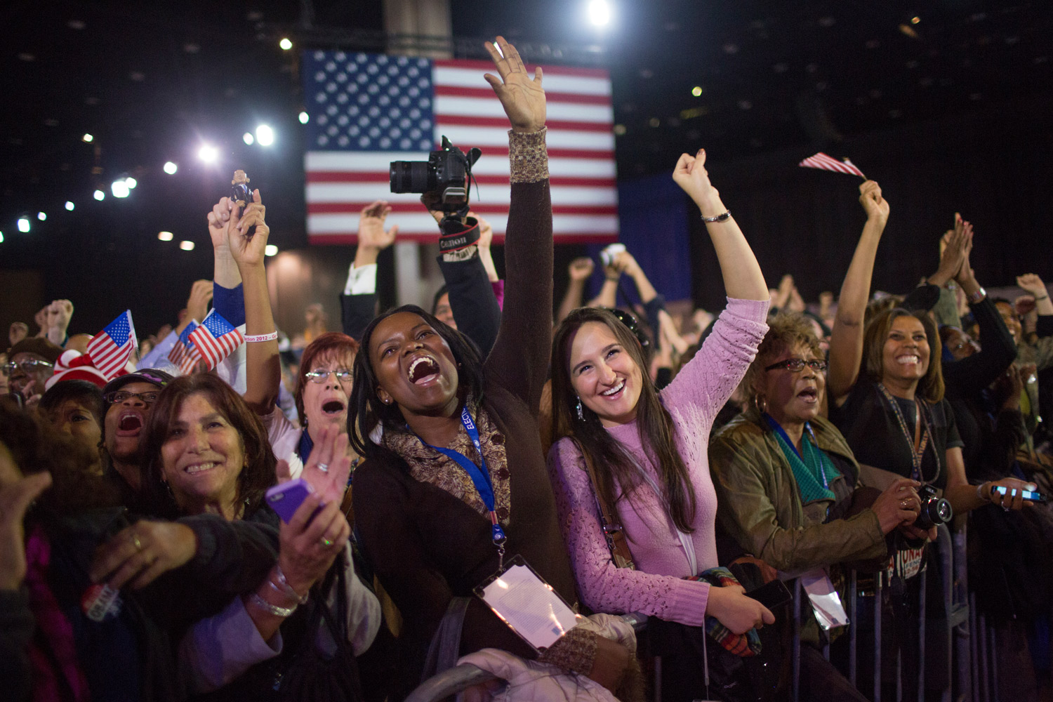 Nov. 6, 2012. Supporters of U.S. President Barack Obama celebrate his victory at his election night rally in Chicago.