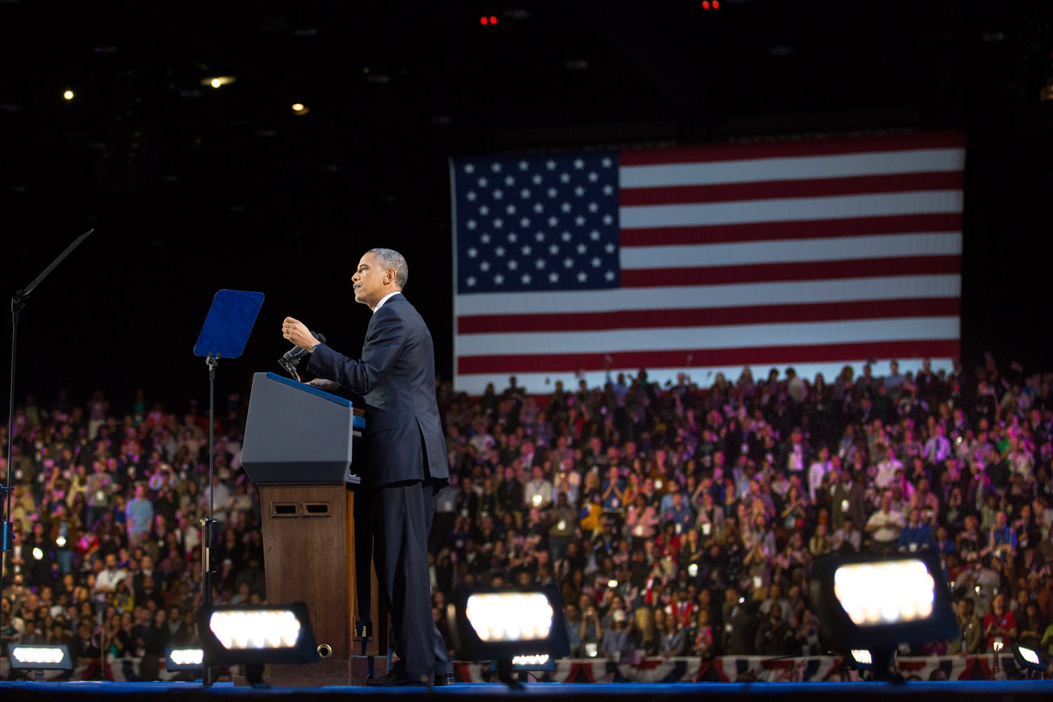 Nov. 6, 2012. President Barack Obama speaks to his supporters at his election night victory party in Chicago.