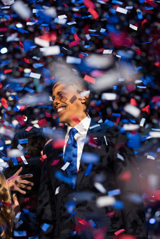 Nov. 6, 2012. President Barack Obama smiles through a storm of confetti at his election night victory party in Chicago.