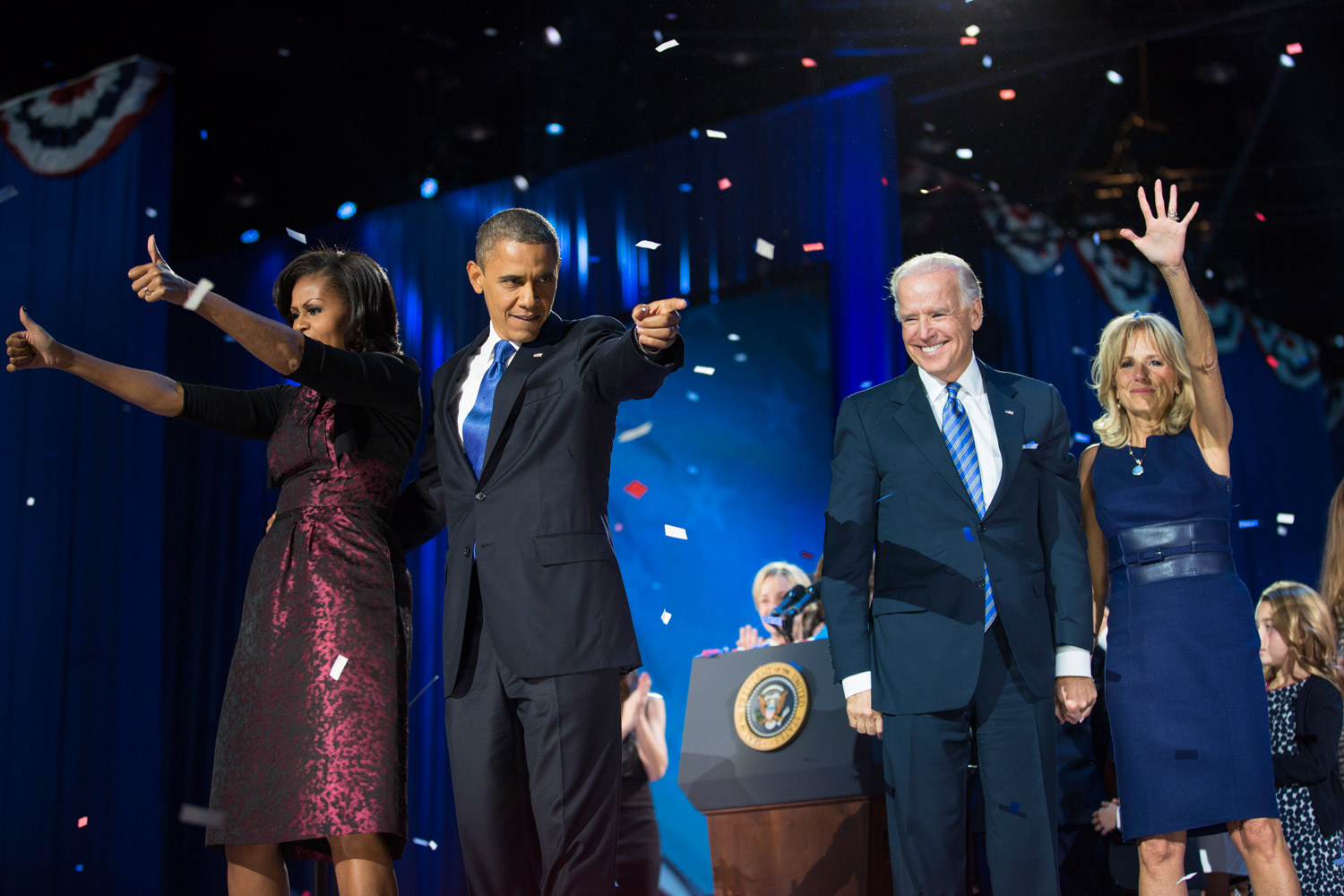 Image: Nov. 6, 2012. First Lady Michelle Obama, President Barack Obama, Vice President Joe Biden and Jill Biden at the President's election night victory party in Chicago.