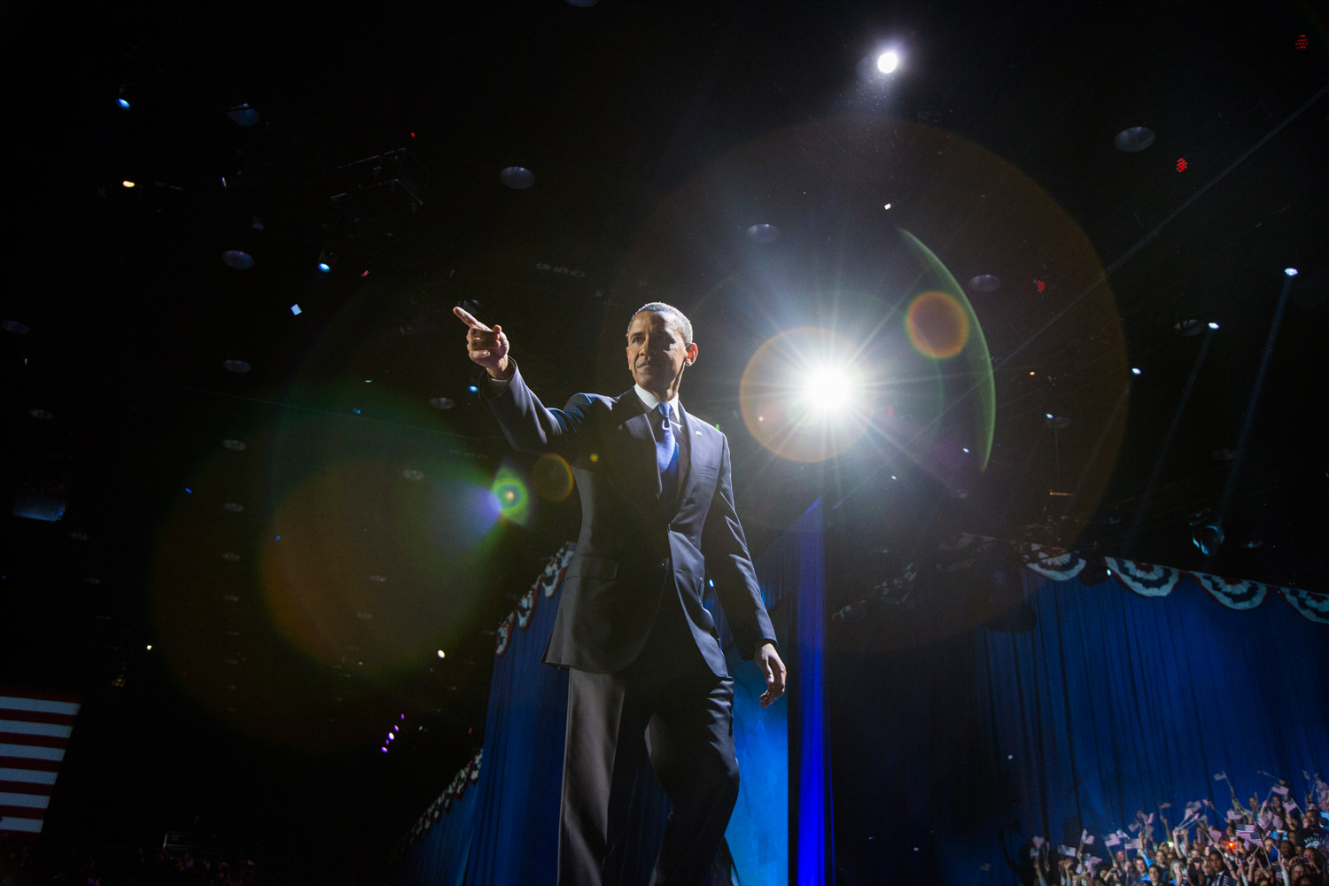 Nov. 6, 2012. President Barack Obama points to someone in the crowd at his election night victory party in Chicago.