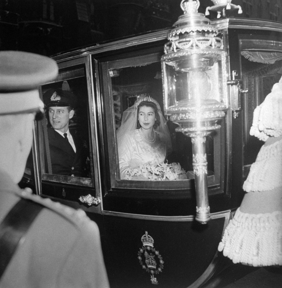 Not originally published in LIFE. Princess Elizabeth and Prince Philip leave Westminster Abbey after their wedding, Nov. 20, 1947.