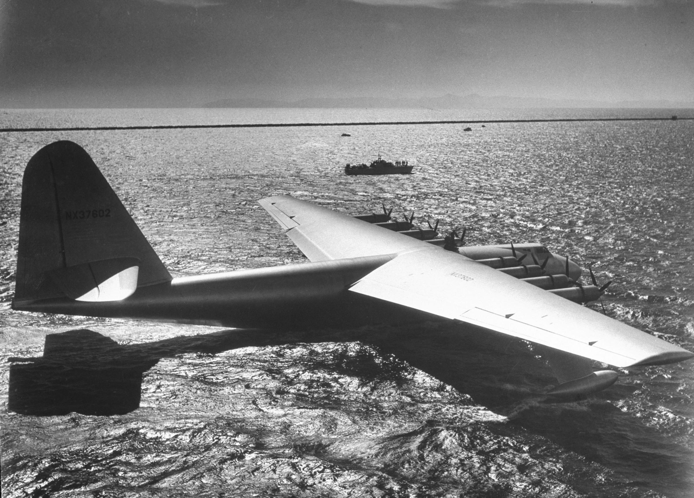 Howard Hughes' H-4 Hercules troop transport plane, the "Spruce Goose," Long Beach Harbor, Calif., November 2, 1947.