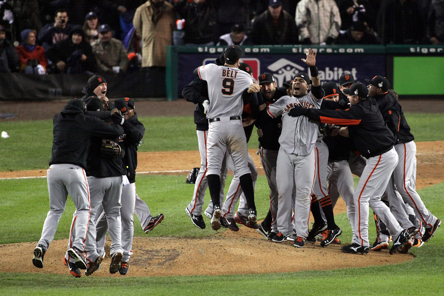 Image: Oct. 28, 2012. The San Francisco Giants celebrate after striking out the Detroit Tigers' Miguel Cabrera in the 10th inning to win Game 4 and the 2012 World Series at Comerica Park in Detroit.