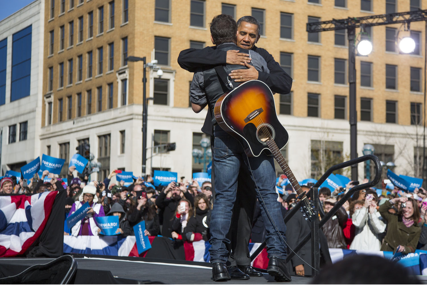 Image: Nov. 5, 2012. Bruce Springsteen is greeted by President Obama after performing at a campaign rally in Madison, Wis.