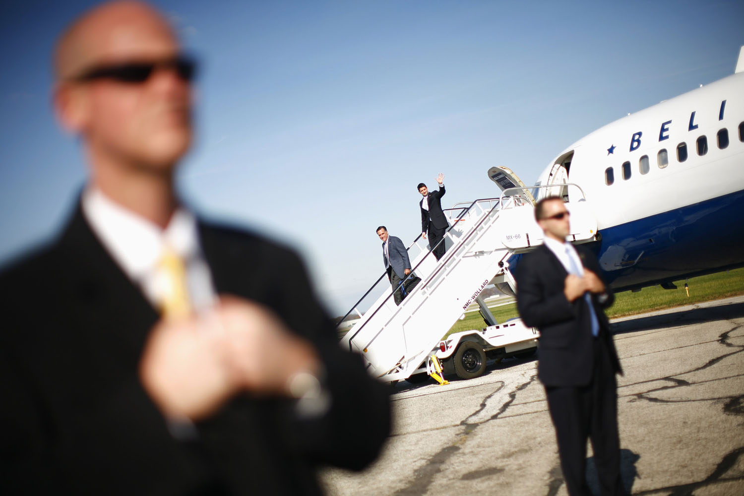 Image: Nov. 6, 2012. Republican vice presidential candidate Paul Ryan and Mitt Romney leave a campaign plane during the U.S. presidential election in Cleveland.