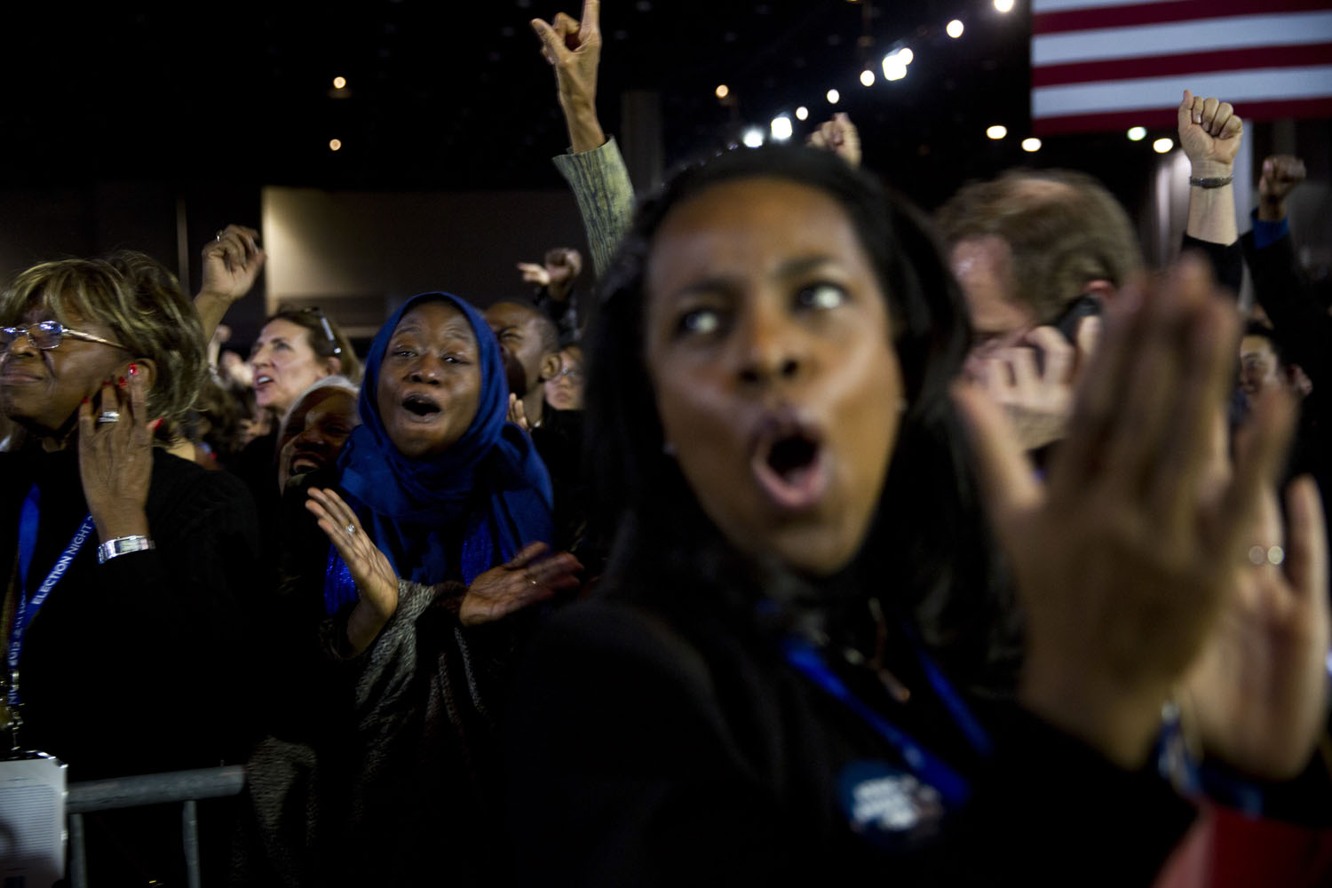 Image: Nov. 6, 2012. Supporters cheer during President Obama's election night event at the McCormick Place Lakeside Center in Chicago.