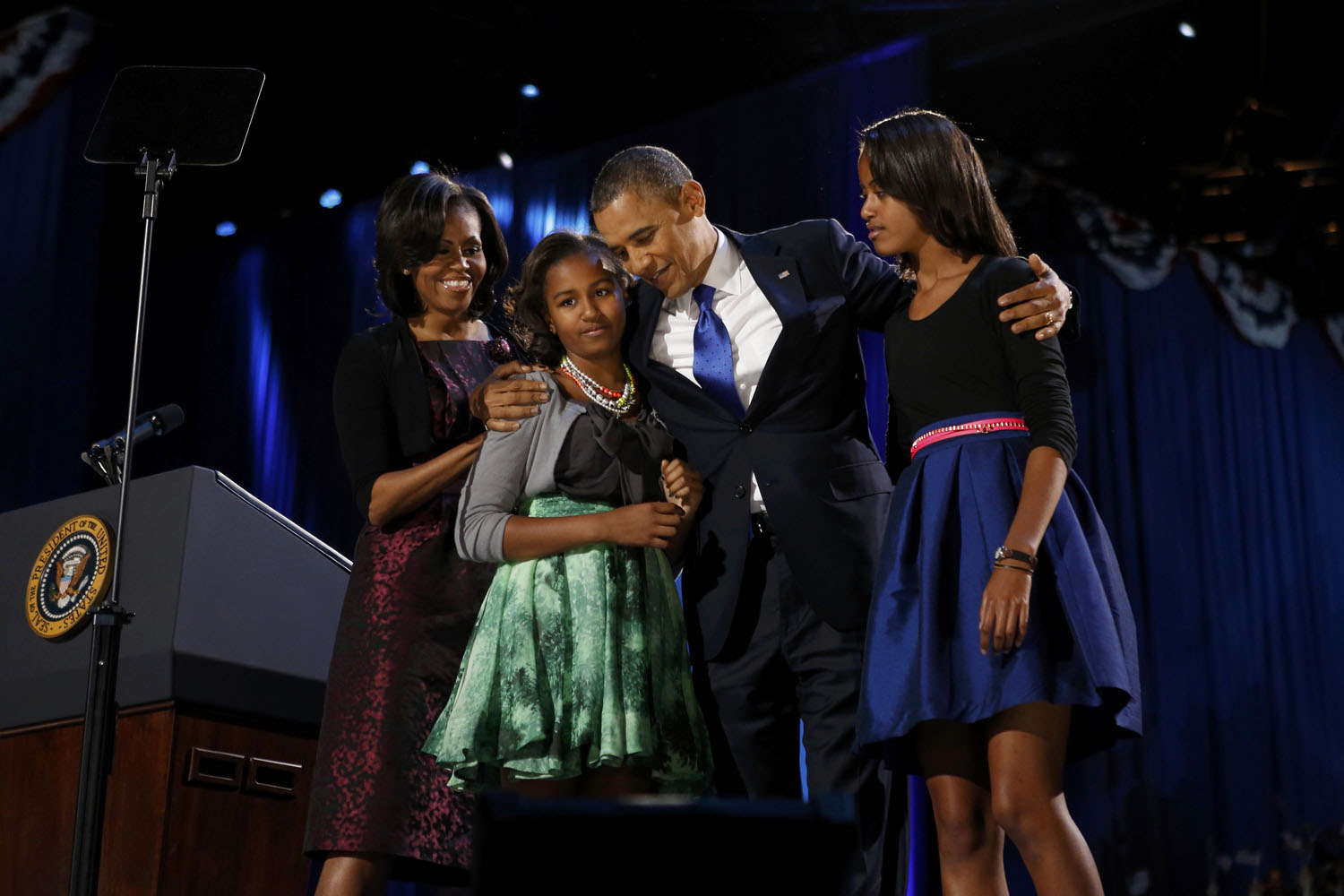 Image: Nov. 7, 2012. President Obama celebrates with first lady Michelle Obama and their daughters Malia and Sasha at their election night victory rally in Chicago.