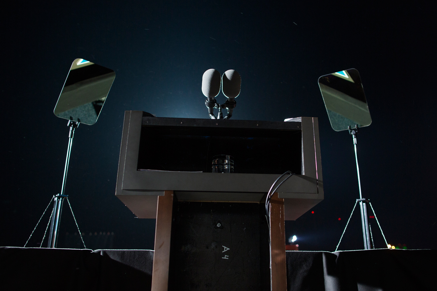 Oct. 25, 2012. The podium, microphone and teleprompters of President Obama at a campaign rally in Cleveland.