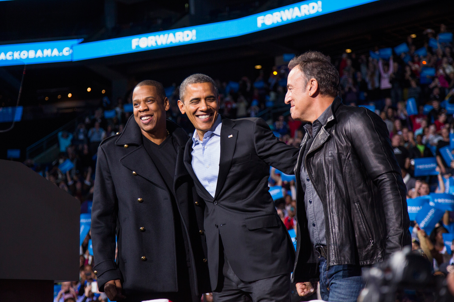 Image: Nov. 5, 2012. President Barack Obama stands on stage with rapper Jay-Z and musician Bruce Springsteen at an election campaign rally in Columbus, Ohio.