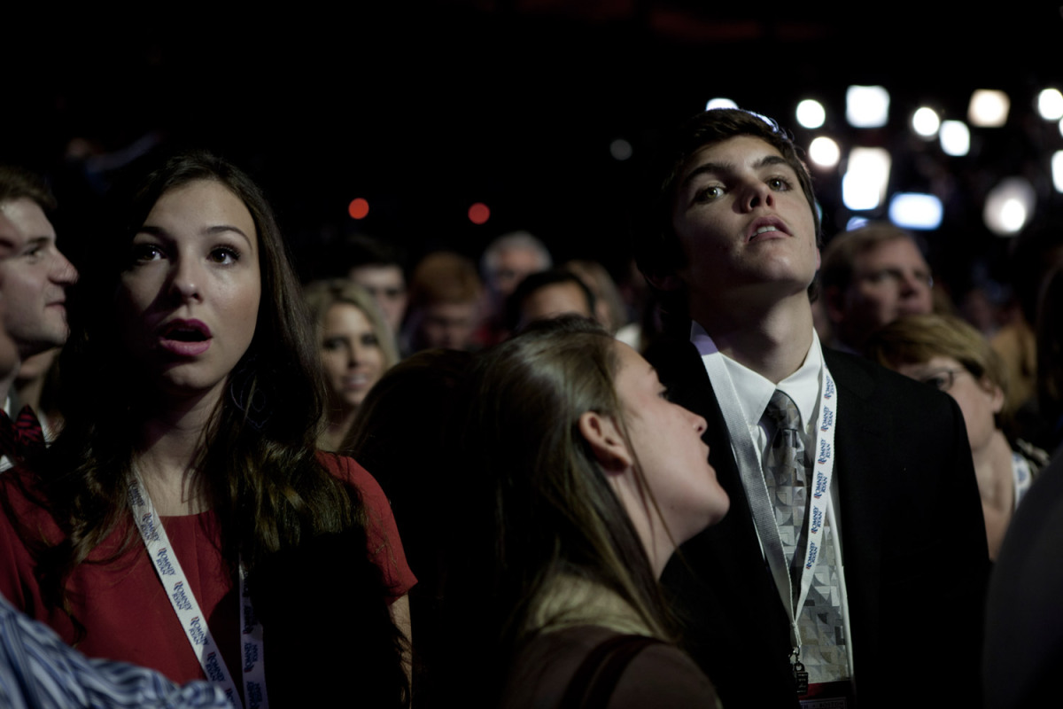 Nov. 6, 2012. Supporters of Mitt Romney look on as they learn the results of the election at the Boston Convention Center.