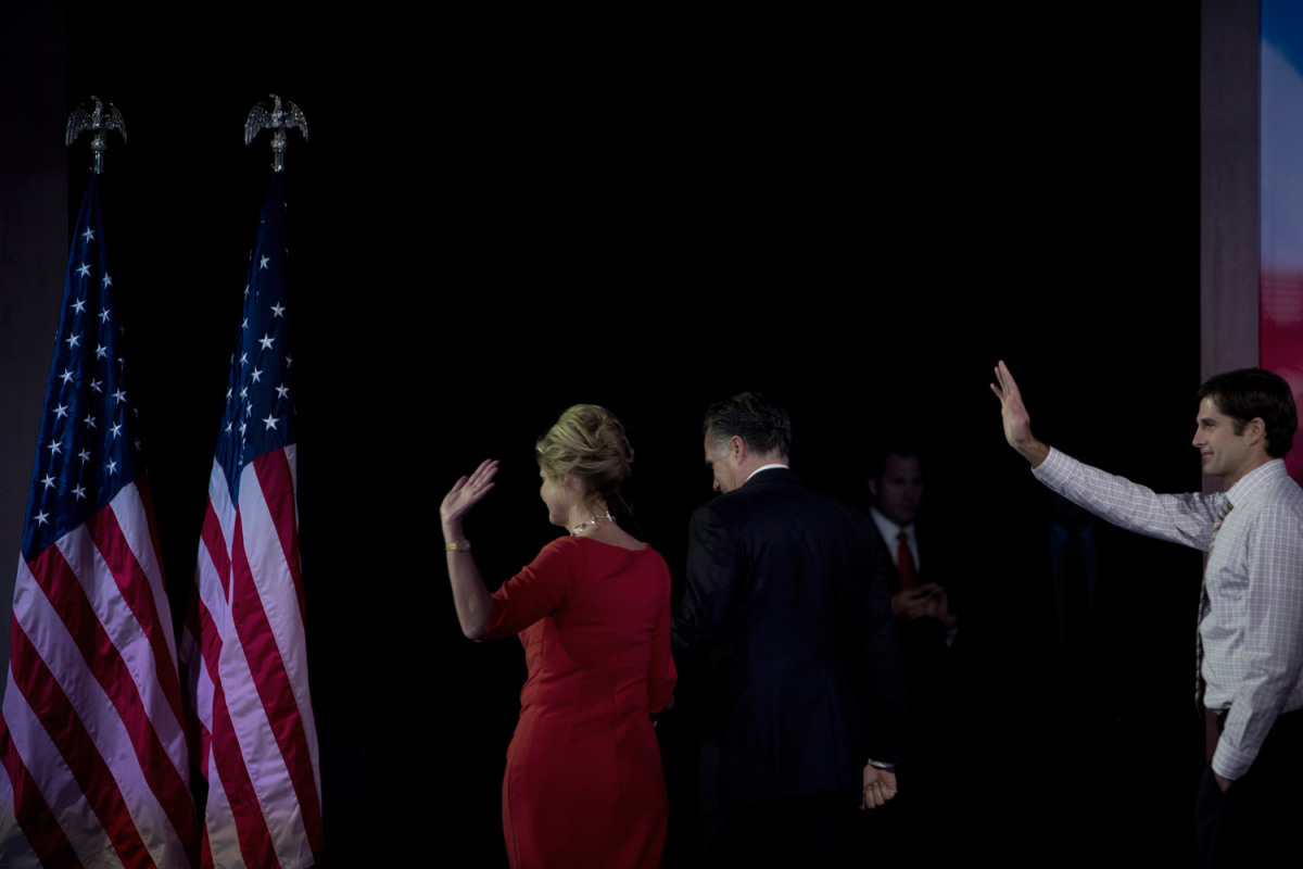 Nov. 7, 2012. Ann Romney and Mitt Romney leave the stage of the Boston Convention Center after his concession speech.
