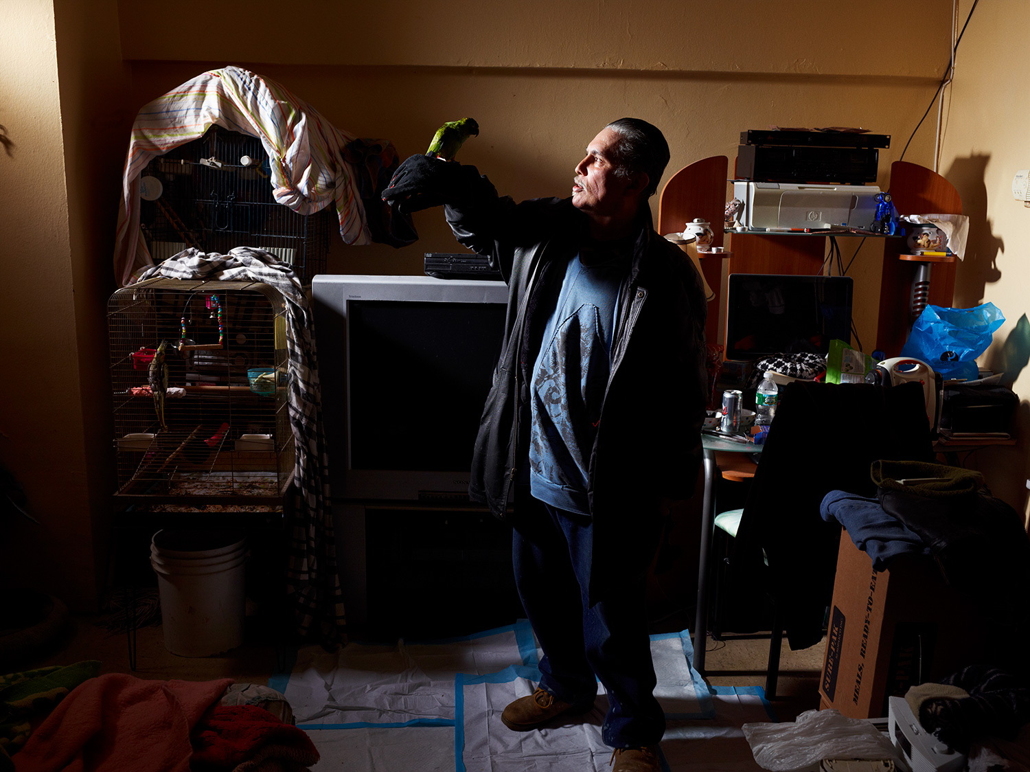 Image: Alfredo Otero, 51, holds one of his birds in his sixth floor apartment in the Redfern Houses.