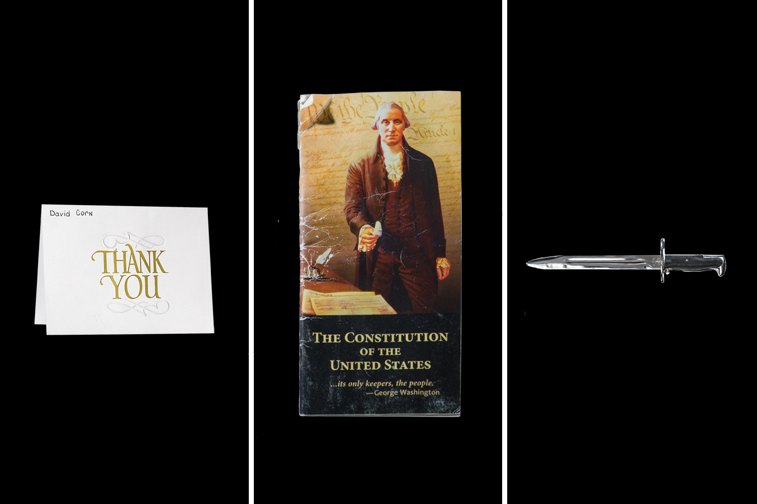Image: Image: David Corn Thank You Card, Rick Santorum's Pocket Constitution and U.S. Military Bayonet