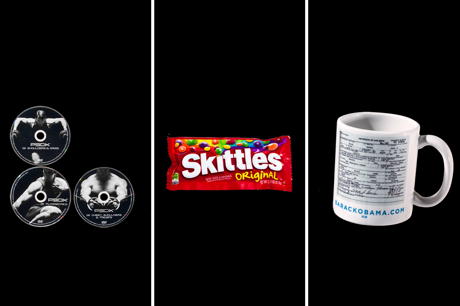 Image: P90X DVDs, Trayvon Martin's Skittles and Official Obama Birth Certificate Mug