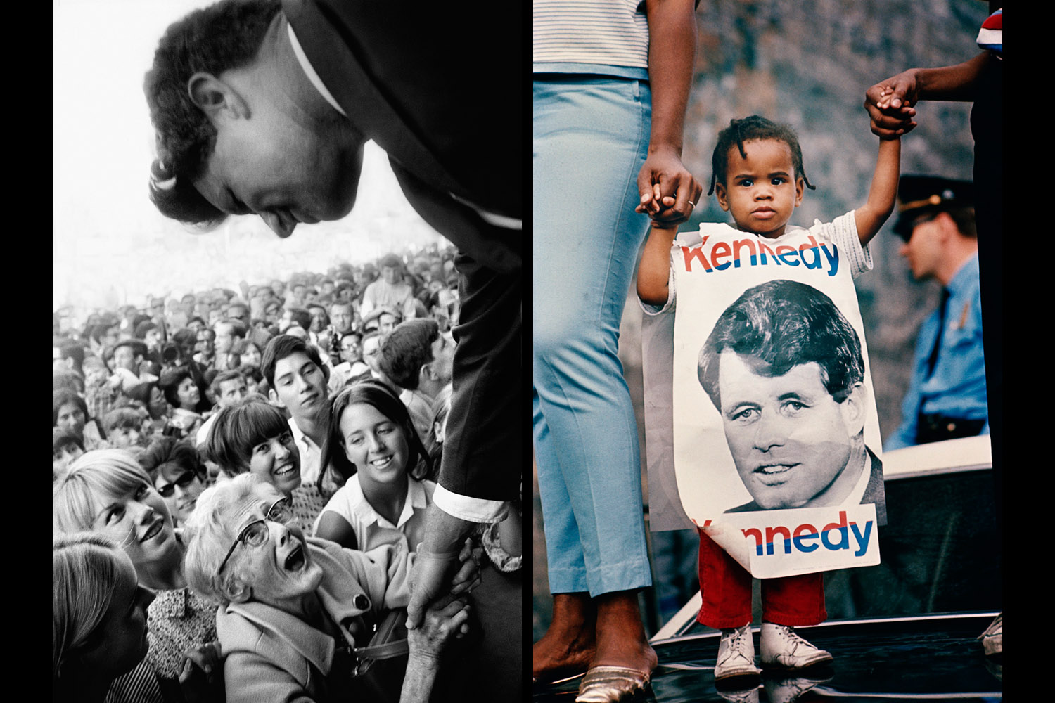 Images: left: Robert Kennedy Campaign, New York, 1966, right: Girl with RFK Poster, 1968