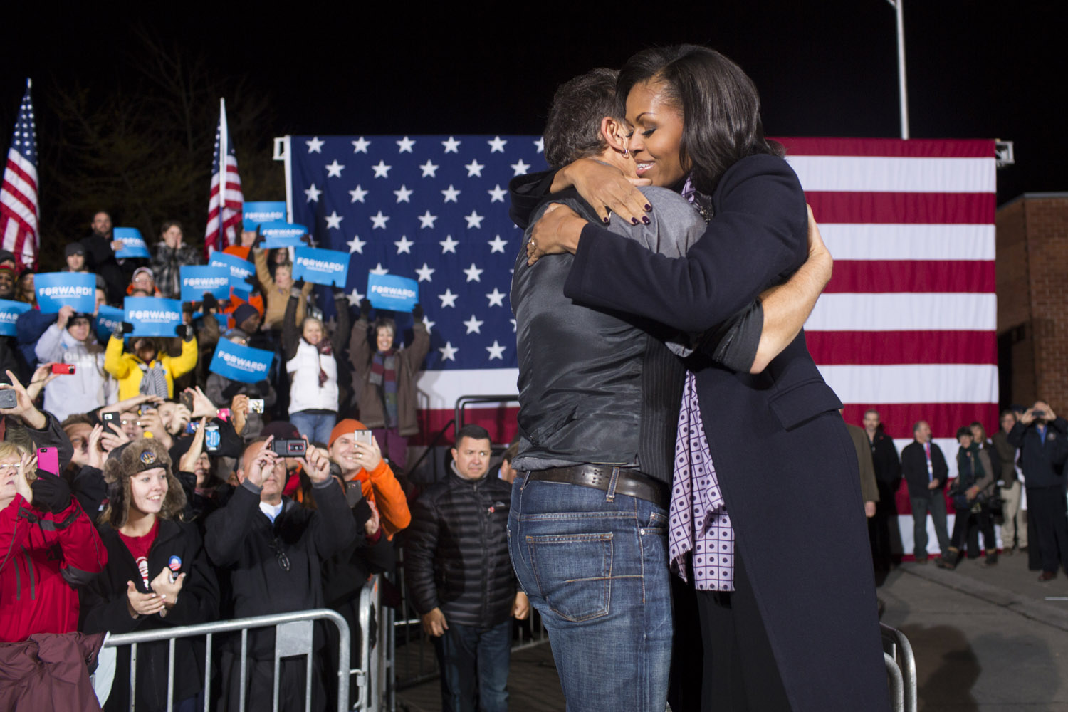 Nov. 5, 2012. Musician Bruce Springsteen greets the First Lady after performing in Des Moines, Iowa.