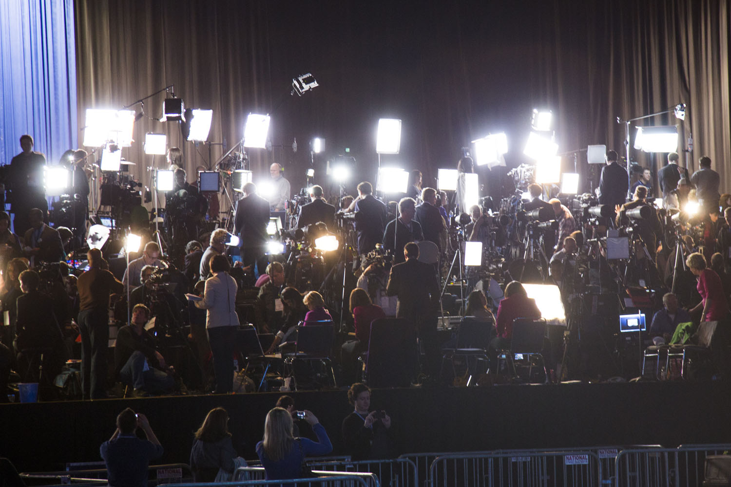 Image: Nov. 6, 2012. A large group of media wait for Obama before his election night rally in Chicago.