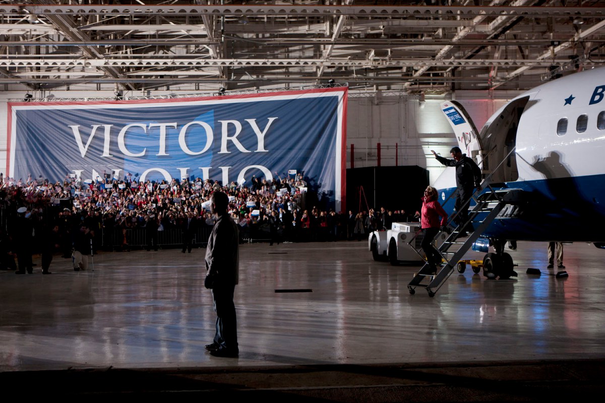 Nov. 5, 2012. Mitt and Ann Romney deplane at a campaign rally in Columbus, Ohio.