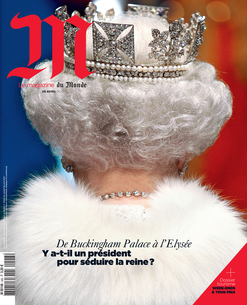 M Le magazine du Monde, April 28, 2012. Photograph by Toby Melville—Reuters.
                              
                              As the French election season was in full bloom, our paper decided to write a story revisiting the meetings Elizabeth II, the Queen of England, held with our French presidents in the course of her rein. She is such a highly recognizable iconoclast figure that I knew I could ‘play around’ with her silhouette and try different things. We sadly did not have the possibility of assigning our own photographer so we looked at a number of pictures by wire agencies and freelance photographers.The choice fell on this particular picture of the Queen seen from behind, less classic, and certainly more surprising to our readers then seeing her face. 
                               
                              The crown and royal attributes helped evoke the fact that all our French presidents come and go, yet she lives on, firmly seated on her throne. The blue and red background, along with the queen's white ermine coat and white hair, seemed to reinforce the visual impact of a cover that to some degree needed to include a hint to our French presidential elections since that was the angle of the story. In order to reinforce the French angle and suggest the French flag I also decided to flip, with the agency's consent, Toby Melville’s picture.-Eric Pillault, Creative Director, M Le magazine du Monde
