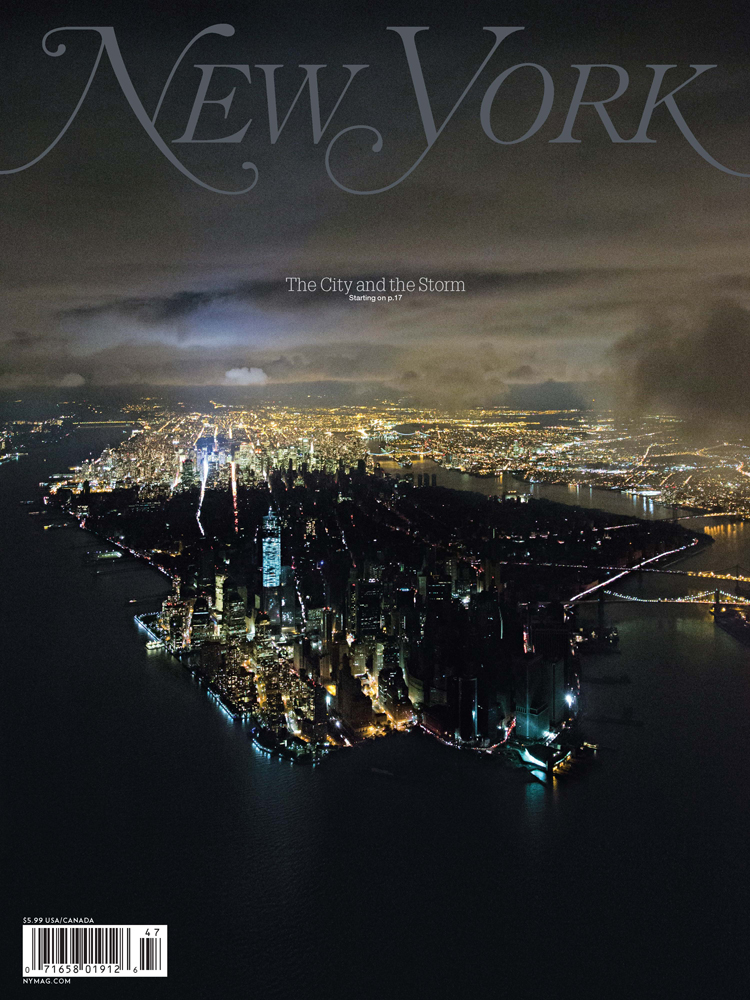 New York Magazine, November 3, 2012. Photograph by Iwan Baan.All of the circumstances perfectly lined up to make this picture possible. I was sort of unconsciously prepared for something like this — I had a car, I had the contact of the only helicopter that could fly that night over Manhattan. I had the right equipment that could shoot in the circumstances because it was pitch black. And then of course I was in town. I arrived the day before and I thought that was sort of the only way to show Manhattan in that stressful moment. You really saw two cities — one completely alive and vibrant as it’s always been, and then the whole downtown, completely dark and suddenly a completely different world.
                              
                              I’ve flown many times over Manhattan by helicopter to produce aerial shots. So in a way I sort of had this picture in mind already. I think I only realized the true impact of the photo after it was published on New York Magazine's cover and got such an incredible response. The picture was literally sort of the perfect storm. It’s a strange moment — of course a terrible thing — but the picture has an eerie beauty at the same time. -Iwan Baan, Photographer
                              
                              Jody Quon, the photography director, and her team, saw a version of this picture in their collective heads, and sent Iwan Baan high over New York in a helicopter to try to get it.  But when the picture came in, I think we were all startled by just how viscerally it illustrated the divisions we were trying to describe, at some length, in the magazine; also by its beauty.  The picture wasn't at all easy to get, and Baan just nailed it — as message and art.-Adam Moss, Editor-in-Chief, New York Magazine