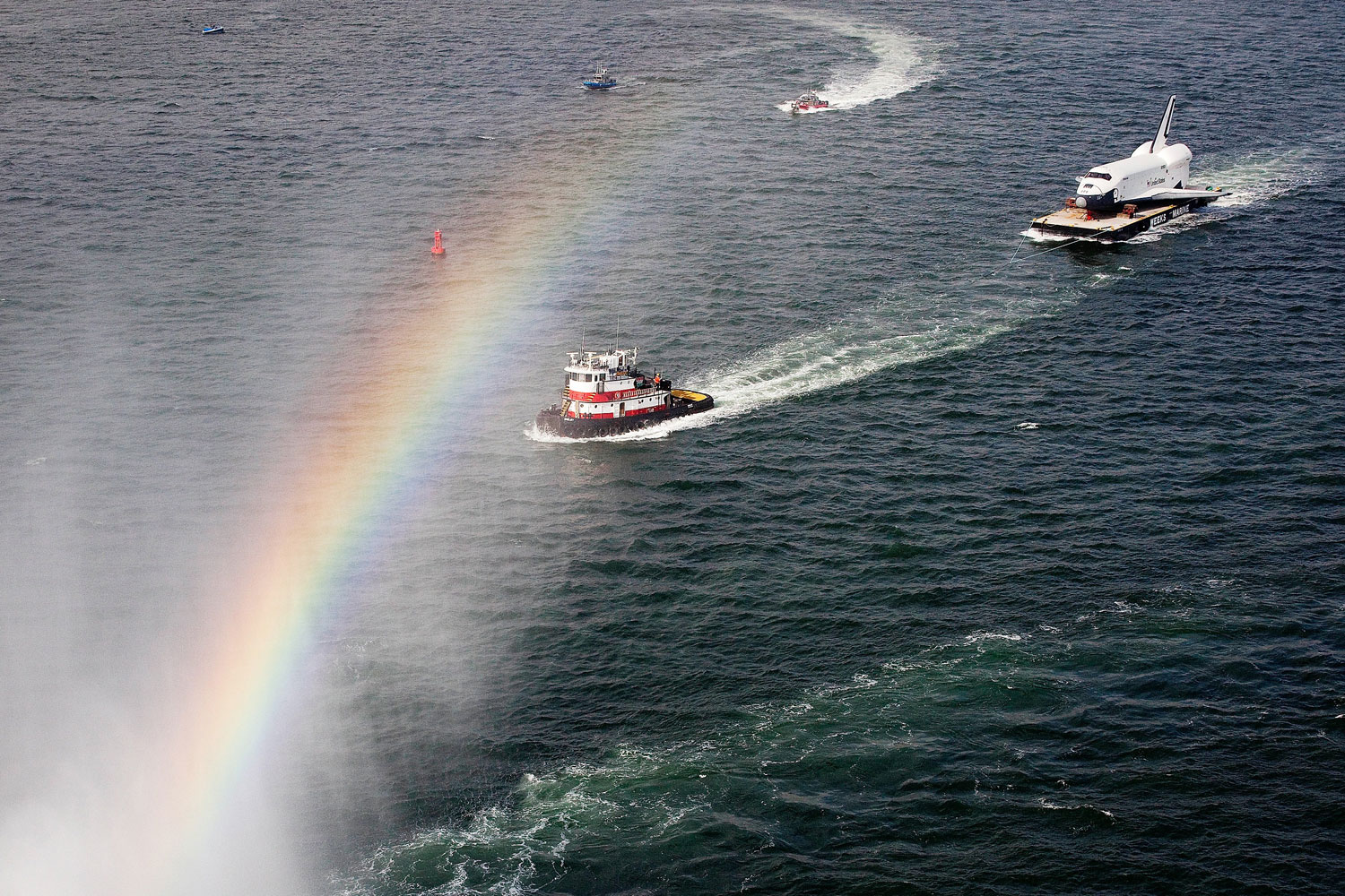 Future Space Exploration
                              
                              June 3, 2012  Space Shuttle Enterprise is carried by barge, behind a rainbow appearing in the mist sprayed by a fireboat near New York City.