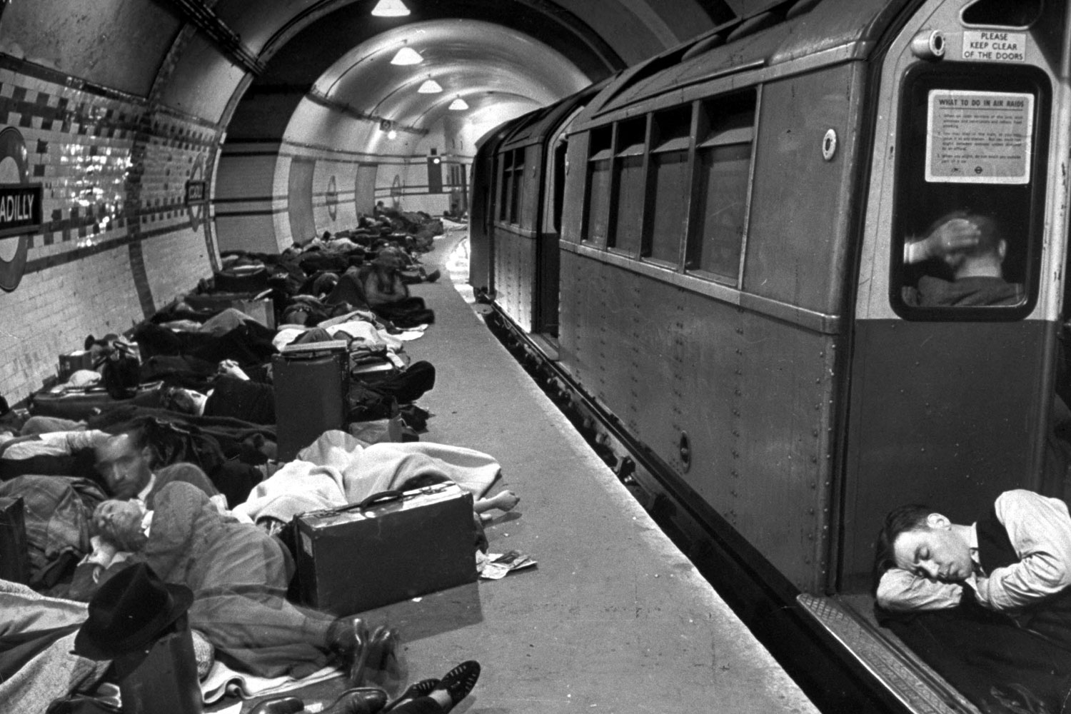 Londoners sleep in the city's Underground for protection during German bombing raids, 1941.